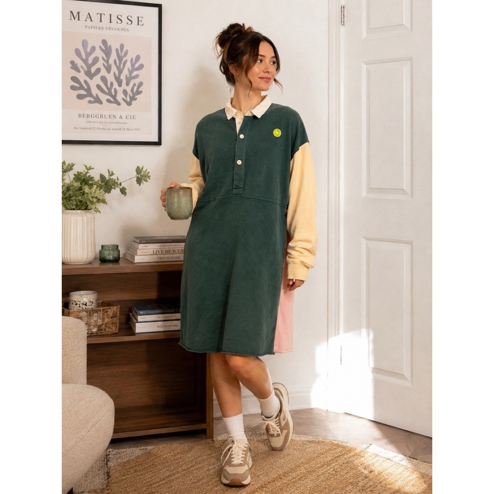 DAMSON MADDER Women Oversized Colorblock Sweatshirt Dress XL Rugby Polo Collar